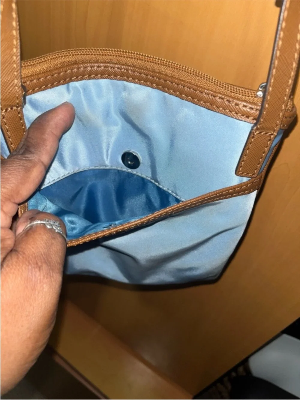 Michael Kors Light Blue Crossbody with Brown Trim and Logo Hardware - Picture 5 of 5
